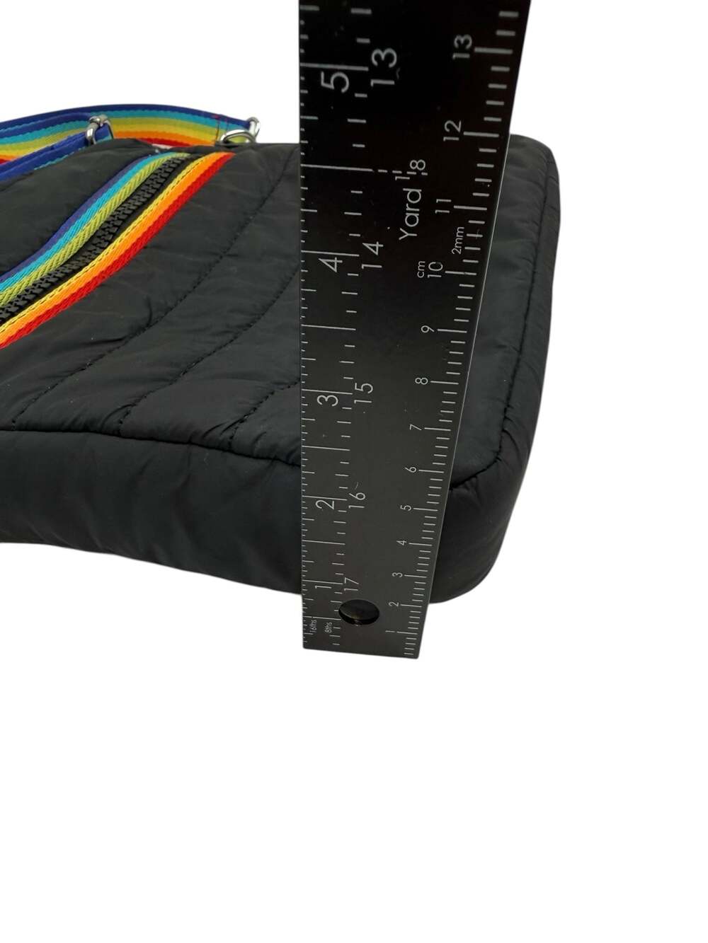 Sondra Roberts Squared Black Quilted Puffer Crossbody Bag with Rainbow Strap - Picture 4 of 8